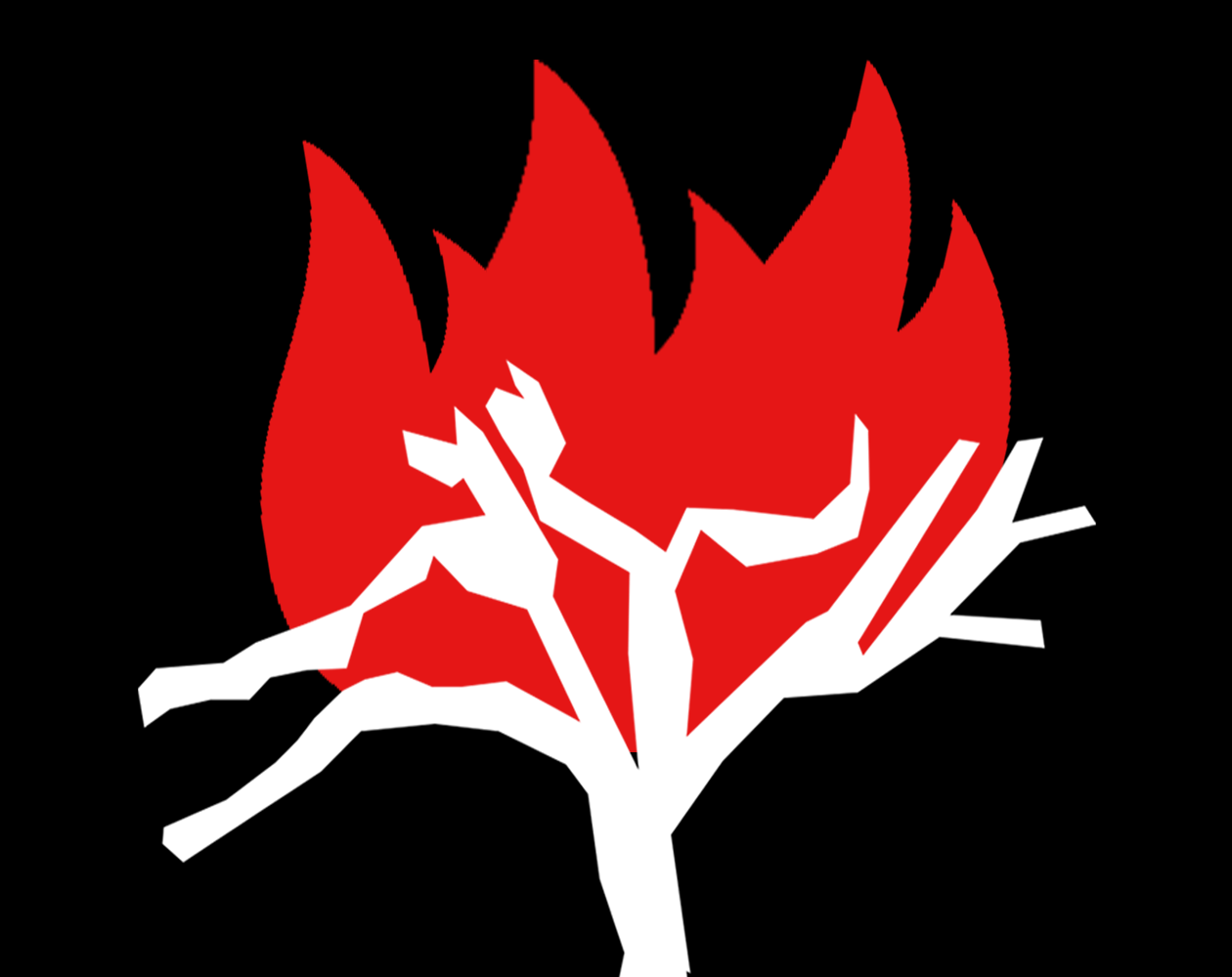A badly traced white tree under a black background, with a lowres, red, minimalist flame burning without it.